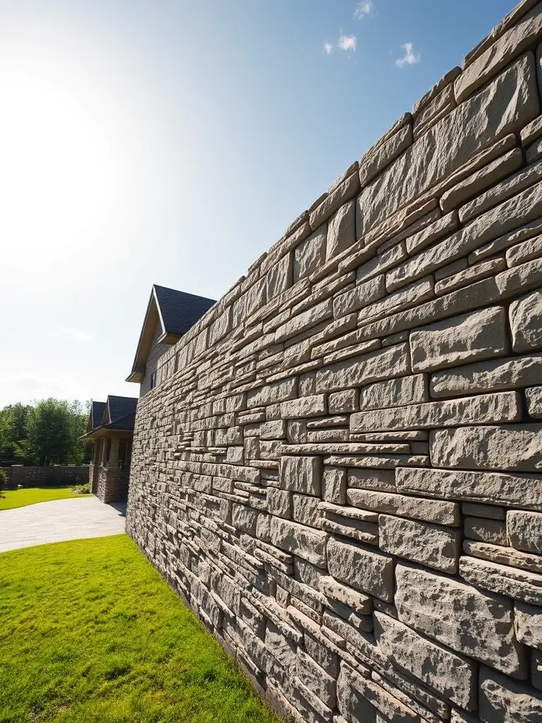 A wide shot of a completed full bed stone installation on a luxury home exterior, highlighting the texture and depth achieved with this traditional masonry technique by Crown and Quarry Stonecraft.