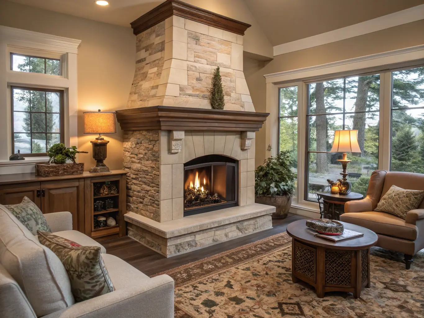 A detailed image of a bespoke stone fireplace with intricate carvings and a polished finish, designed to be the centerpiece of a high-end living room.