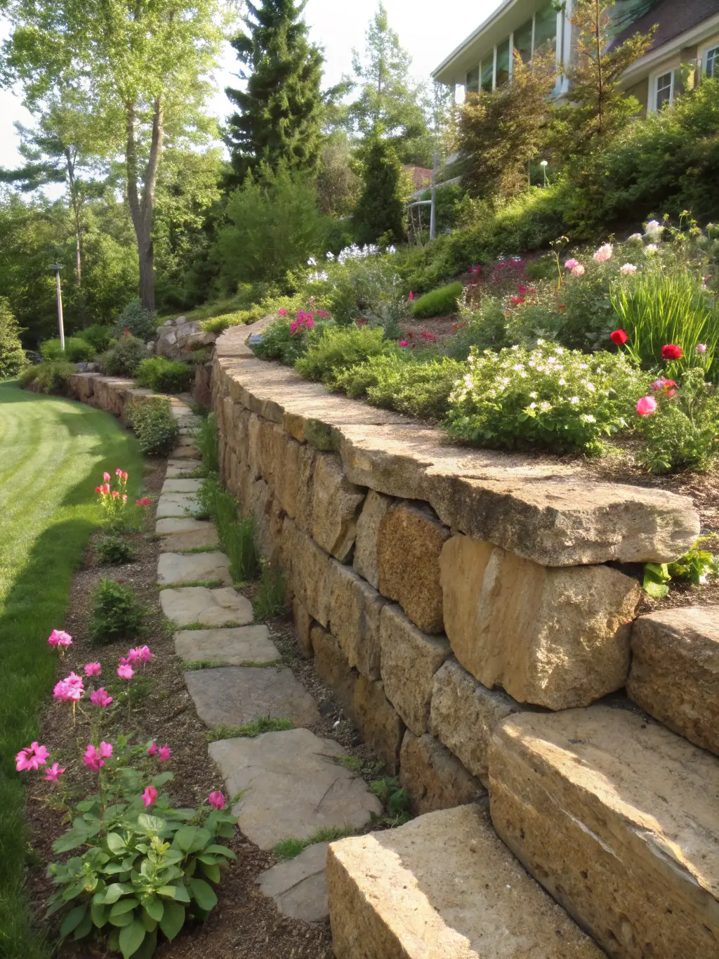 A detailed image of a retaining wall constructed with natural stone, showcasing the wall's structural integrity and aesthetic appeal in a garden setting, built by Crown and Quarry Stonecraft.