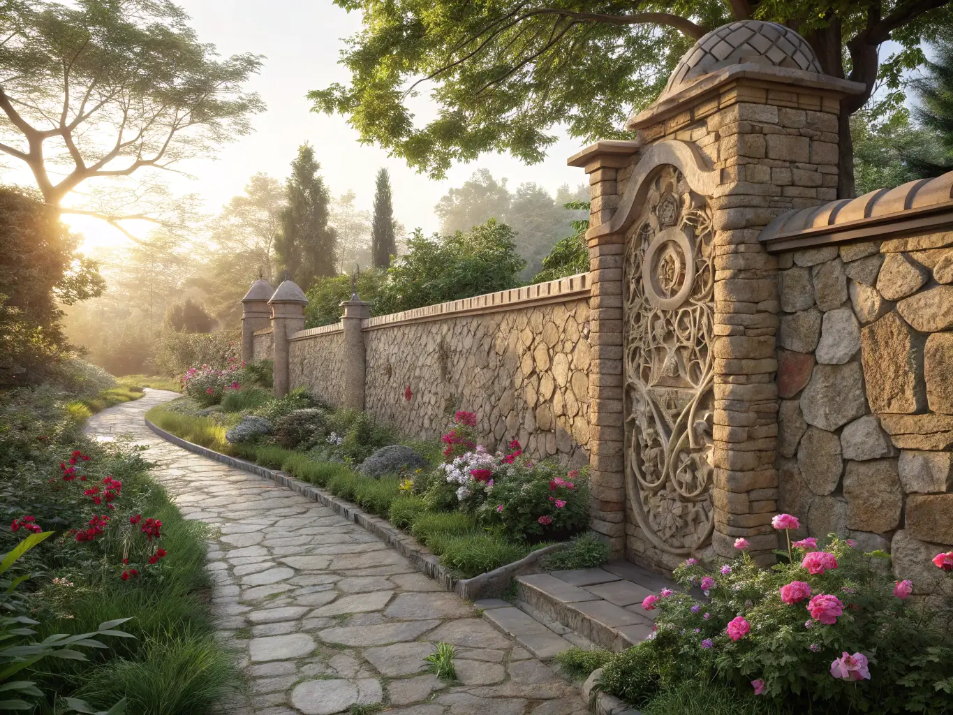 A beautifully crafted stone retaining wall integrated into a lush garden setting, demonstrating its structural integrity and aesthetic appeal.
