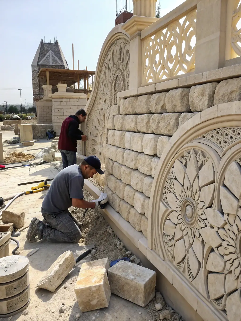 A close-up shot of a craftsman expertly installing thin stone veneer on a residential building facade, showcasing the precision and artistry involved in the process for Crown and Quarry Stonecraft.