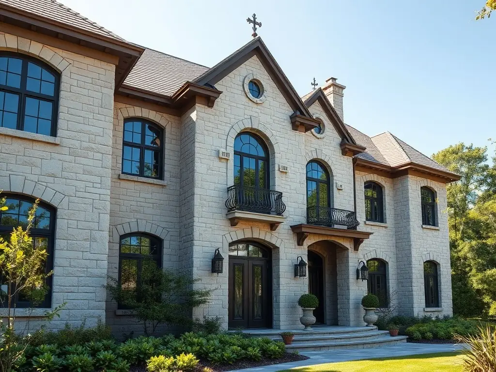 A high-resolution image showcasing a custom-designed stone facade on a luxury home, highlighting the intricate details and craftsmanship of the stonework.