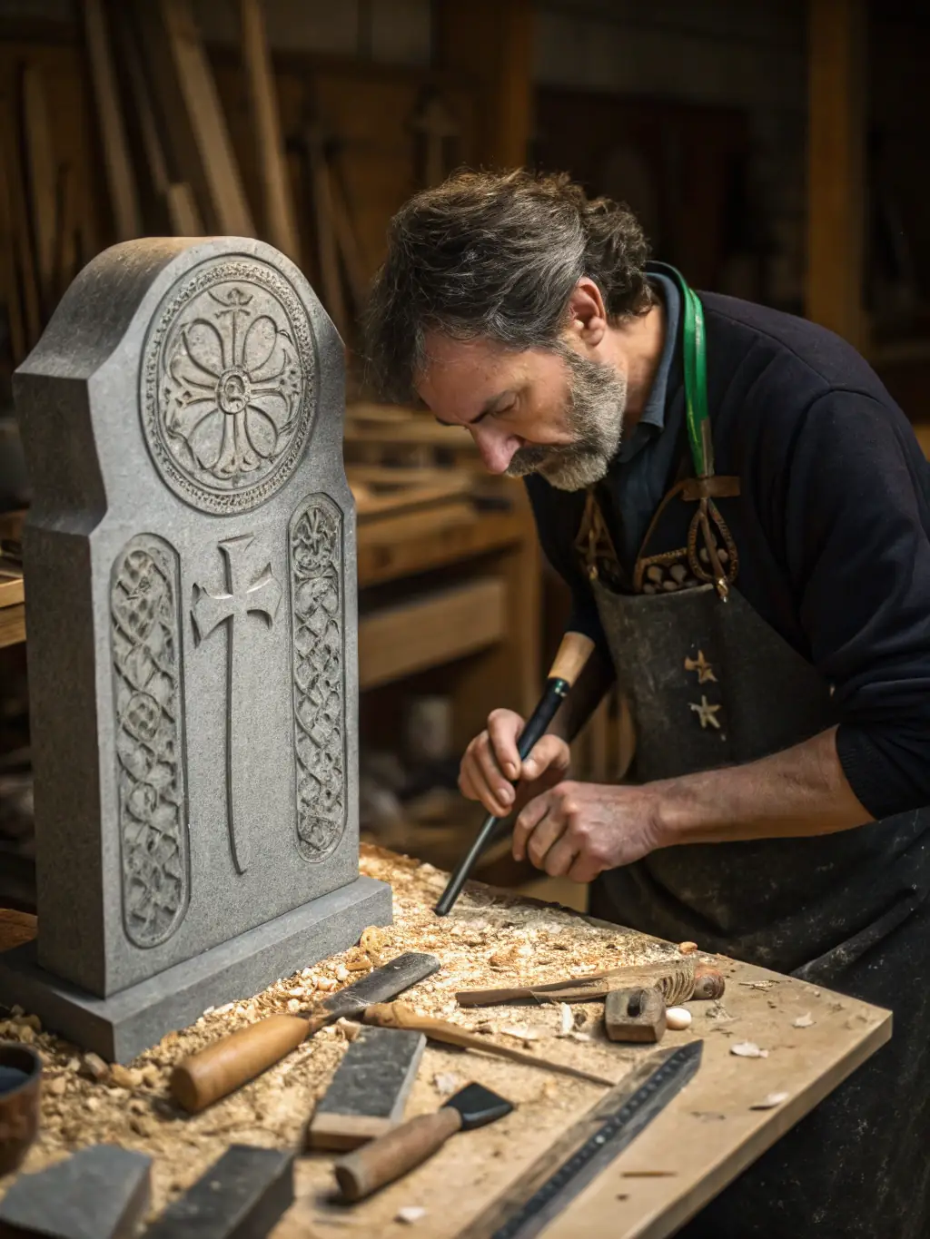 A craftsman chiseling a custom stone detail for a fireplace, demonstrating the artistic skill and attention to detail that Crown and Quarry Stonecraft brings to every project.